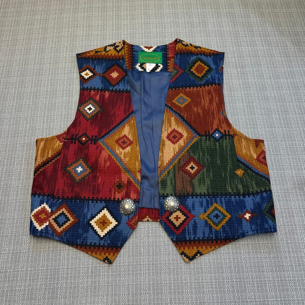 Vintage Southwestern Tapestry Vest Large Western Ranchwear Aztec‎ Concho USA